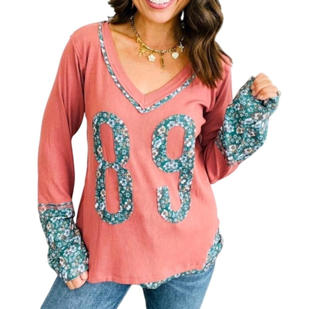 POL 89 Floral Patch V Neck Top Size Small Rust Boho Long Sleeve Top